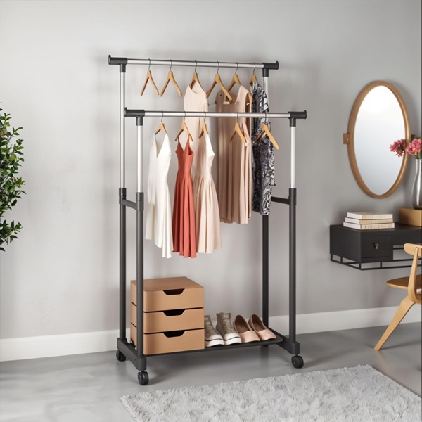 DOUBLE POLE PORTABLE CLOTHES RACK WITH WHEELS