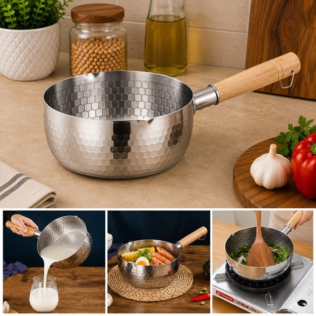 HAMMERED STAINLESS STEEL MILK POT WITH WOODEN HANDLE 16CM