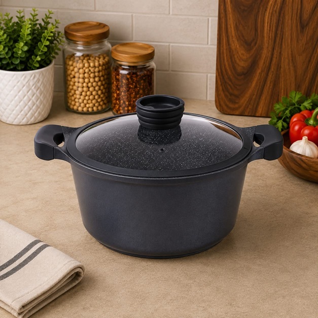 THE HARVEST NON-STICK DIE CAST DEEP CASSEROLE POT W/LID 28 CM
