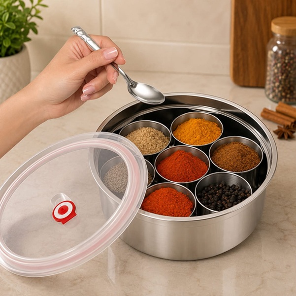 7 COMPARTMENT STAINLESS STEEL AIRTIGHT SPICE BOX